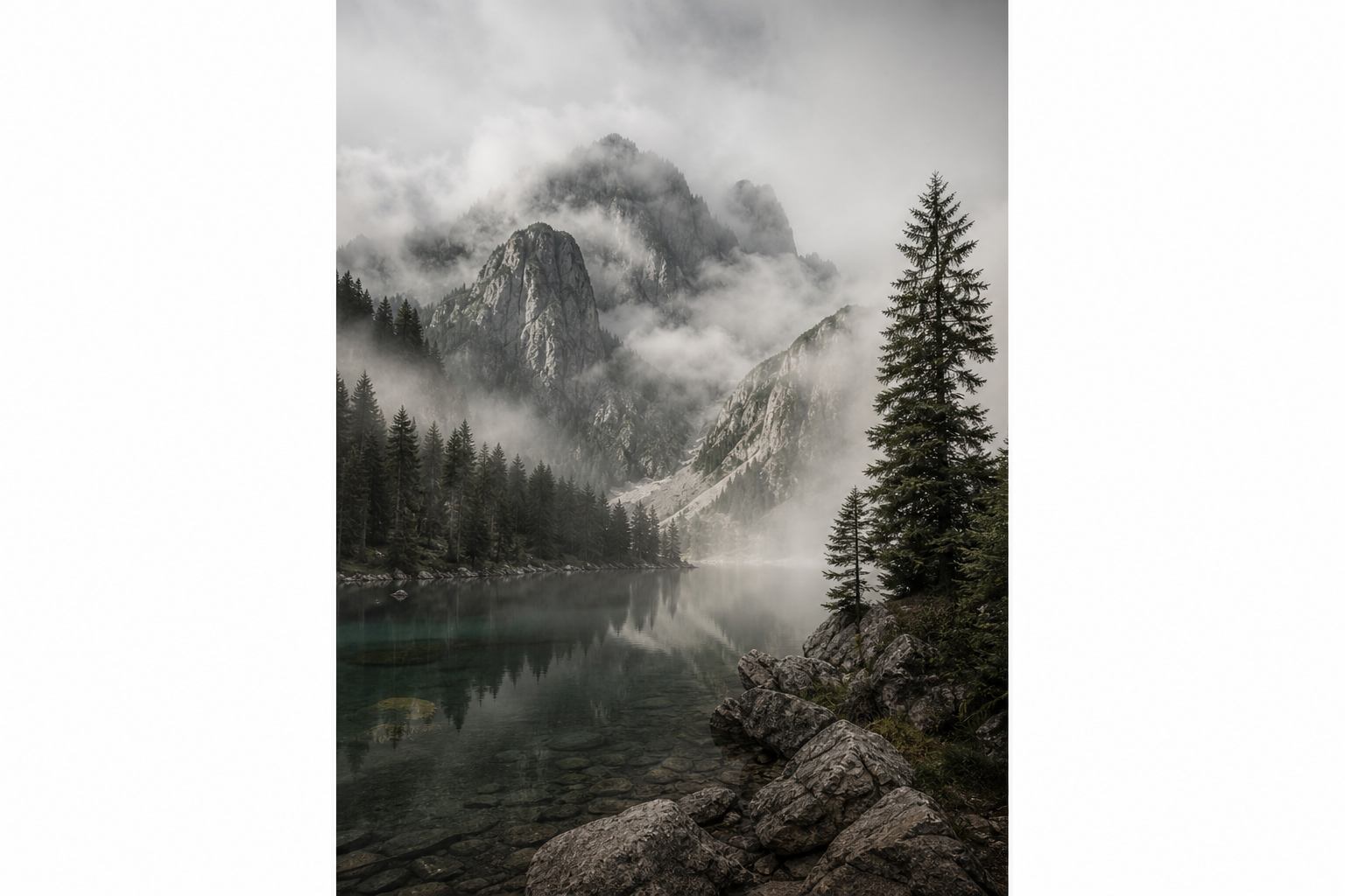 Morgennebel über einem Bergsee in den Bayerischen Alpen