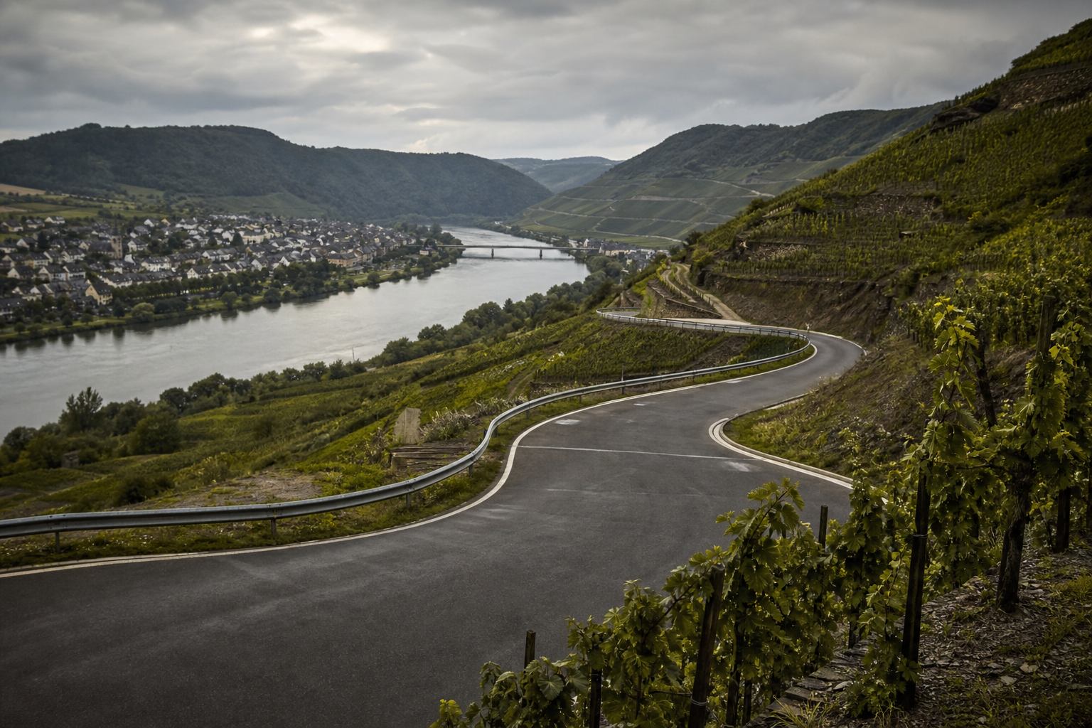 Serpentine Bergstraße durch das Moseltal mit Weinbergen