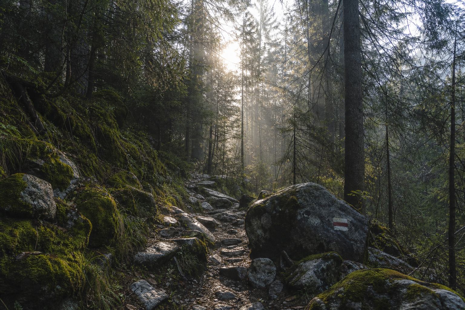 Wanderweg durch Nadelwald in Berchtesgaden mit Morgenlicht